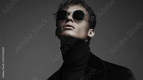 person with obscured face wearing black turtleneck and tailored jacket, dark curly hair against a gray background, moody and mysterious studio portrait