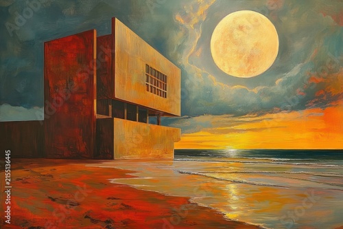 Solitary modern concrete building on a quiet beach under a giant full moon at sunset, warm reflections and a surreal, contemplative atmosphere