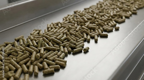 Alfalfa pellet production process featuring organic feed material moving along a clean industrial metal conveyor belt in a modern agricultural facility