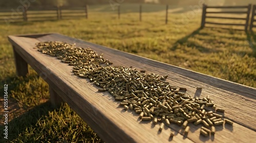Alfalfa pellet nutrition scattered on a rustic wooden feeding trough set in a sunlit rural pasture for livestock agriculture and farming industry use