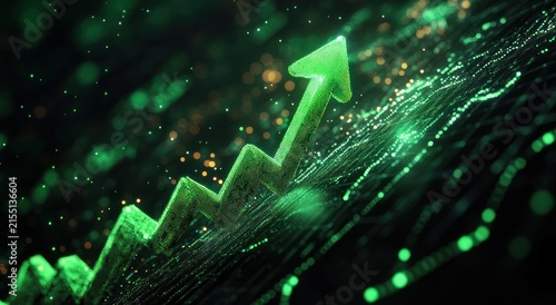 glowing green zigzag arrow rising over a digital grid of glowing particles and data points, conveying momentum and optimistic growth