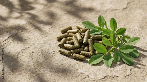 Alfalfa pellet piled next to a fresh green sprig of lucerne plant on a textured earthy stone surface representing natural livestock and horse feed nutrition