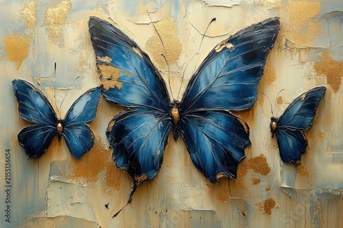 Three large blue butterflies with gold leaf accents on textured cream and gold background, elegant and serene