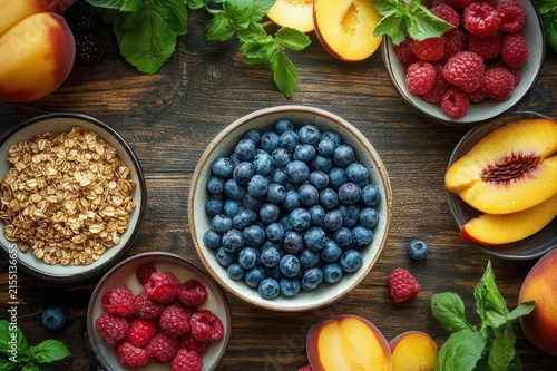 Bowls of blueberries, raspberries, sliced peaches, granola and fresh mint on a rustic wooden table, vibrant and inviting healthy breakfast spread