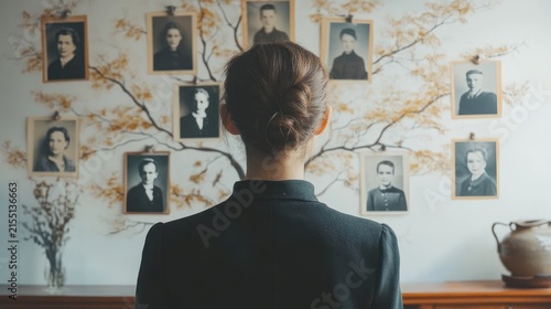 woman with hair in a bun seen from behind, gazing at a wall family tree of framed vintage portraits and painted branches, a contemplative nostalgic moment