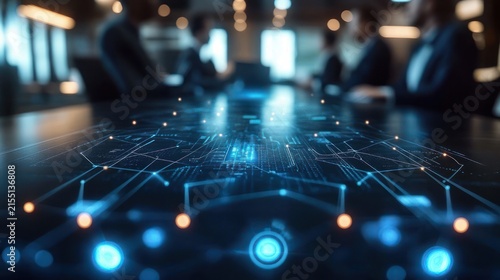 futuristic business meeting with glowing blue holographic network projected across conference table and blurred executives conveying focused collaboration and strategic planning