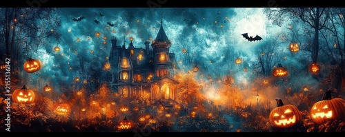 eerie moonlit haunted mansion surrounded by glowing carved pumpkins and flickering jack-o-lanterns among bare trees, swirling fog and bats for a spooky halloween night