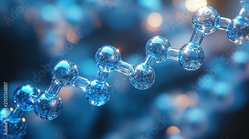 glossy glass-like molecular chain of interconnected spherical atoms and short bonds glowing in cool blue against a soft bokeh background, evoking scientific wonder