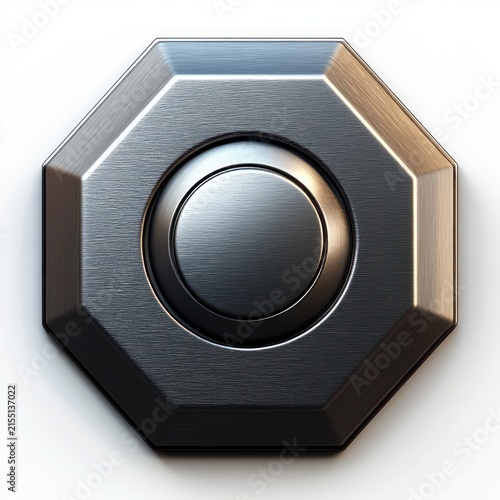 brushed metal octagonal button with recessed circular center, sleek minimalist industrial precision