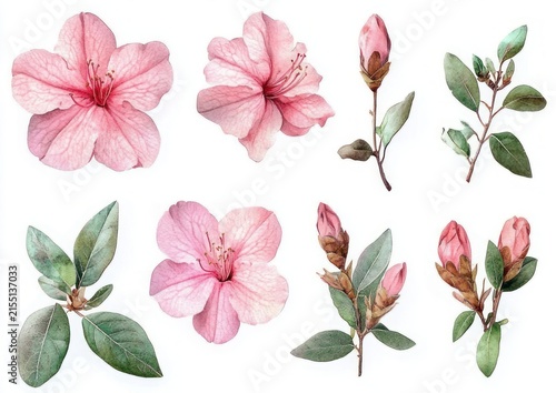 delicate pink watercolor botanical study of open blossoms, buds, twigs and leafy sprigs evoking gentle serenity