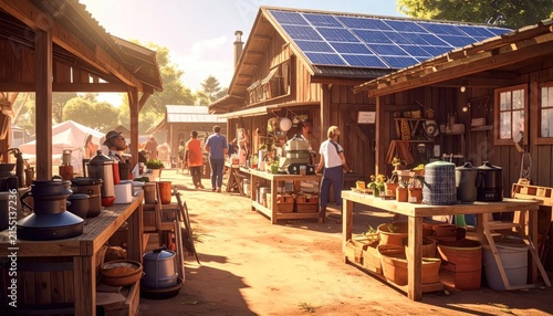 Sustainable outdoor marketplace with solar panel.