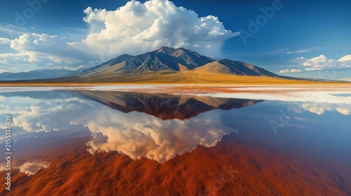 majestic sunlit mountain with dramatic cloud above mirrored in calm red-tinged salt lake, serene expansive sky and tranquil reflection evoking awe and peaceful solitude
