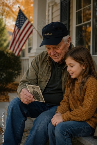 Elderly veteran and granddaughter reading together on porch with American flag