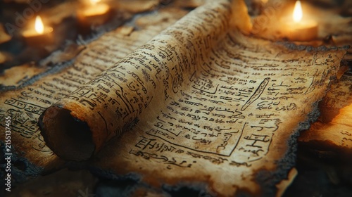 burnt ancient parchment scrolls with handwritten script glowing in flickering candlelight, warm atmospheric scene evoking mystery and solemn reverence