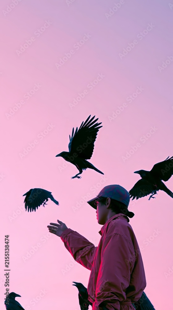 Naklejka premium Handsome Young Man Releasing Enormous Black Ravens with Iridescent Rainbow Reflections into a Dramatic Twilight Sky