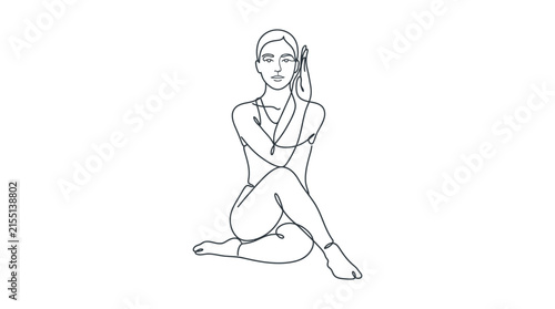 Woman sitting cross legged in a twisted yoga pose depicted with elegant black line art.