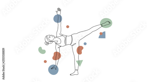 Woman performing yoga half moon balance pose decorated with colorful abstract geometric shapes.