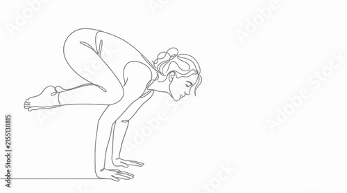 Crow pose illustration depicts a woman practicing arm balance yoga in a clean minimalist outline style.