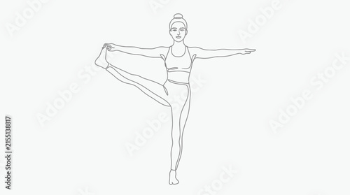 Yoga pose vector illustration features a woman balancing on one leg while holding her foot in a continuous line art style.