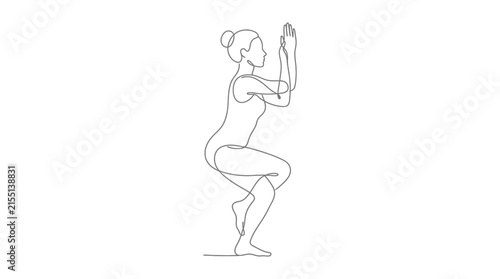 Female figure in eagle pose drawn with a single continuous line representing balance and core strength.