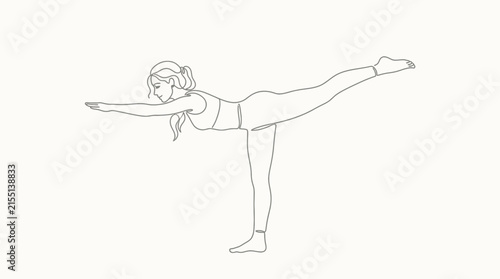 Person holding warrior three pose illustrated in simple continuous outline style for fitness concepts.