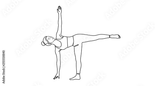 Woman practicing half moon yoga pose illustrated with clean black outlines on a solid white background.