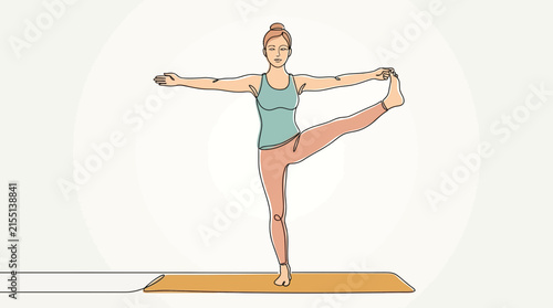Woman balancing in a hand-to-toe standing yoga pose on a mat with a soft background.