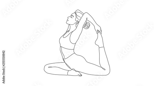 Woman practicing yoga in pigeon pose illustrated with continuous black lines on a white background.