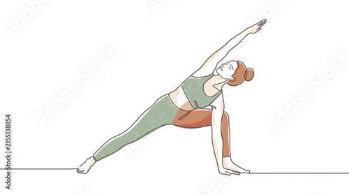 Woman practicing an extended side angle yoga posture illustrated with clean color outlines.