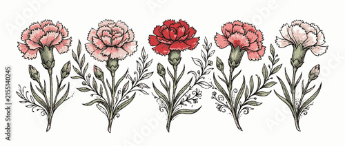 Hand-drawn floral border with carnations and leaves