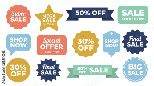 Vibrant sale badges and discount labels for eye-catching promotional designs and ads