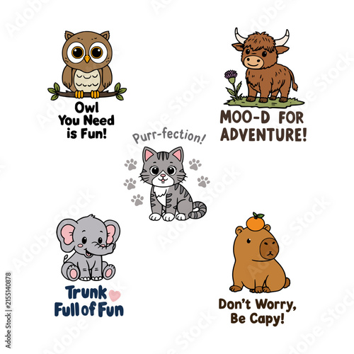 Foto Funny Animal Sticker Set with Quotes - Owl, Highland Cow, Cat, Elephant, Capybar