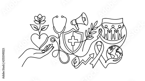 Healthcare and Community Support Line Art Illustration