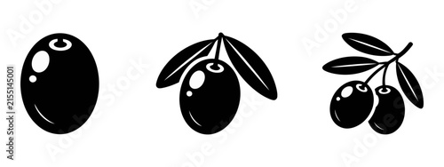 Olive fruit icon featuring fresh organic black olives with natural leaves and branch in a clean simple silhouette vector illustration