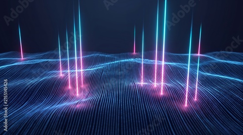 Digital wave grid with vertical neon laser light beams shining upward from the surface creating a futuristic cybernetic landscape representation of quantum computing data flow