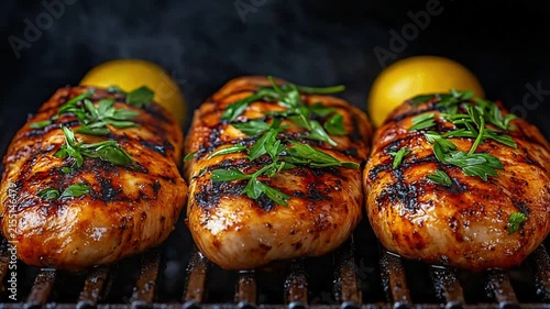 Grilled Chicken Breasts with Fresh Herbs and Lemon on a Barbecue Grill