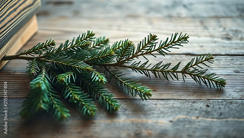 A fresh spruce branch on a rustic wooden table, evoking winter's natural beauty and texture.