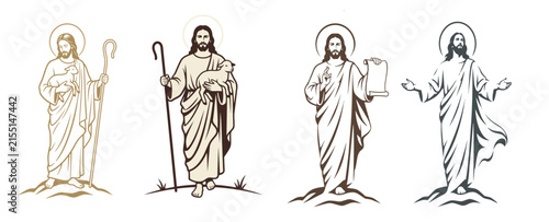 Jesus Christ Vector Illustration Set, Good Shepherd With Lamb And Staff, Blessing With Scroll And Open Arms, Religious Christian Art Isolated On White Background