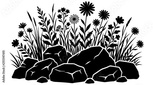 Wildflowers and rocks in a garden landscape black silhouette