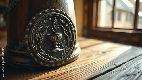 Close-up of an ancient wooden beer stein medallion carved with barley and a chalice.