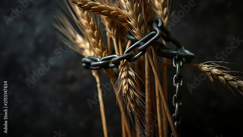 Iron chains wrapped around wheat stalks on a dark textured surface.