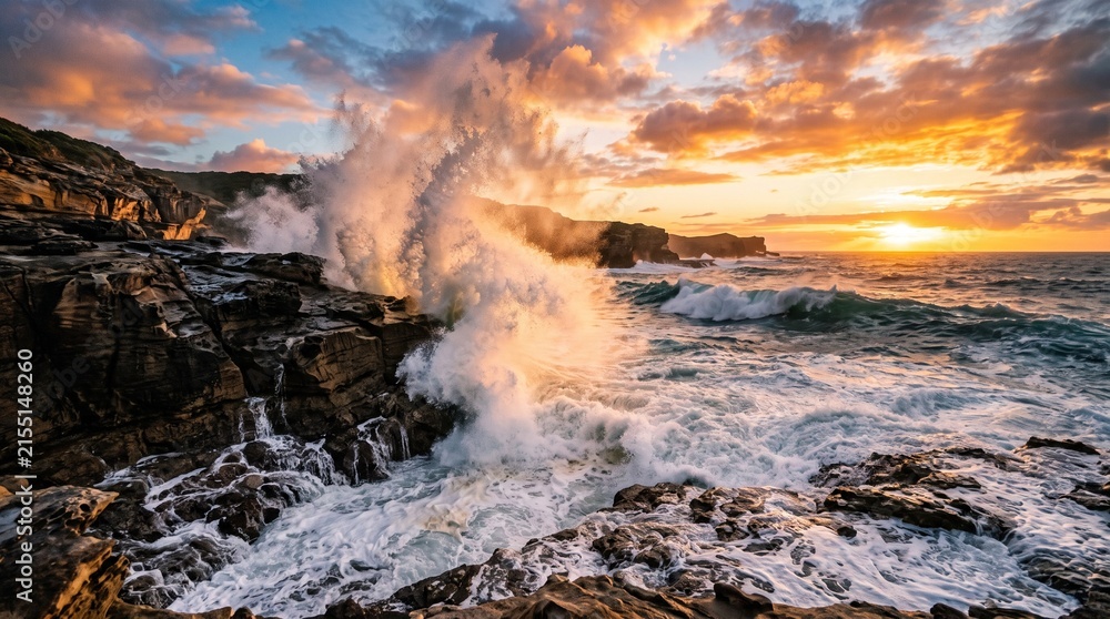 Fototapeta premium powerful ocean waves crashing dramatically against a rugged, dark rocky shore during a vibrant sunset or sunrise.