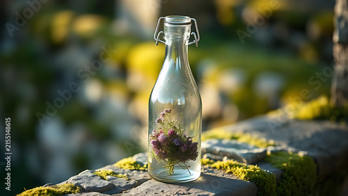 Glass bottle with wildflowers on moss-covered stone wall.