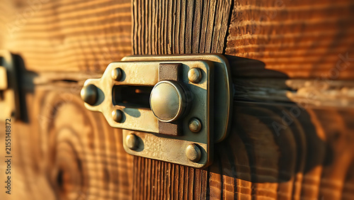 Brass barrel bolt hasp on reclaimed wood, rustic security hardware.