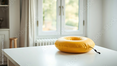 Folded yellow safety air cushion on white table, controlled risk and preparedness concept
