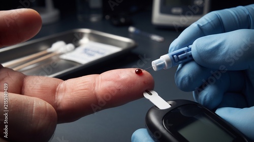 close up of blood glucose test with finger prick lancet and glucometer in laboratory or hospital