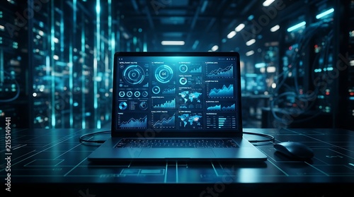 Advanced data analytics dashboard on laptop screen in futuristic data center