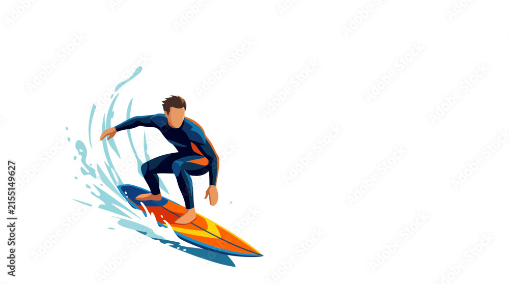 Fototapeta premium A professional male surfer riding a vibrant colorful surfboard on a powerful ocean wave.