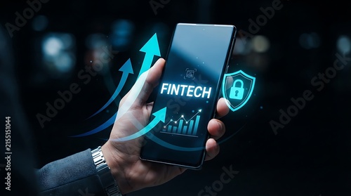 Mobile banking fintech application security concept with growth arrows, security