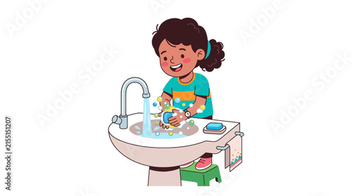 Child washing hands with soap and water at sink